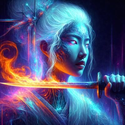 The primary subject of the image is a woman holding a sword. She is wearing a white dress and has a blue hue to her appearance. The setting is a dark, possibly futuristic, environment. The visual style is a digital art or illustration, with a focus on the woman and her sword. The colors and mood of the image are predominantly dark and mysterious, with the blue hue adding a touch of otherworldliness to the scene.